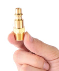 Close-up of a Brass 1/4 Inch NPT Male Air Hose Quick Connect Adapter Kit With Industrial M Style Couplers And Plugs, held in hand.