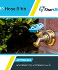 Brass Push To Connect Hose Bibb With 45 Degree Angle, Half Inch By Three Quarter Inch MHT, installed on brick wall with shutoff valve.