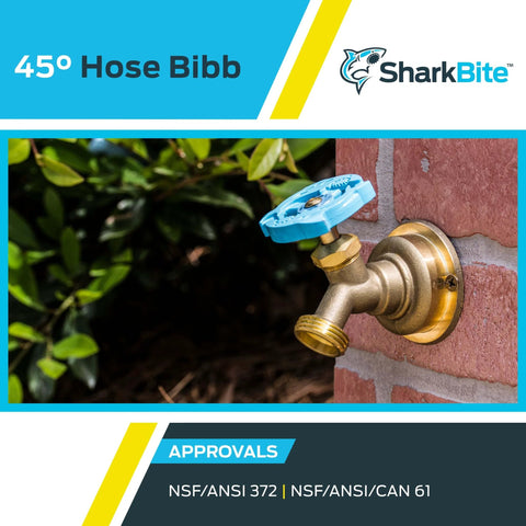 Brass Push To Connect Hose Bibb With 45 Degree Angle, Half Inch By Three Quarter Inch MHT, installed on brick wall with shutoff valve.