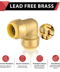 Pack Of Two Go-To Three Quarter Inch 90 Degree Push Fit Brass Elbow Fittings For Copper PEX CPVC And PE-RT Pipes With Clip
