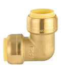 Side view of Pack Of Two Go-To Three Quarter Inch 90 Degree Push Fit Brass Elbow Fittings For Copper PEX CPVC And PE-RT Pipes with clip