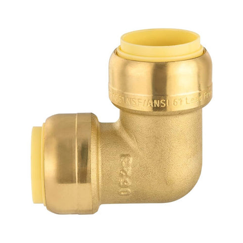 Side view of Pack Of Two Go-To Three Quarter Inch 90 Degree Push Fit Brass Elbow Fittings For Copper PEX CPVC And PE-RT Pipes with clip