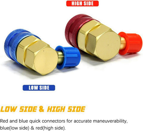 Red and blue Quick Coupler For One Quarter Inch SAE Flare Fittings, Brass Freon R134A Adapter Kit with High Low Manifold Gauge Connector