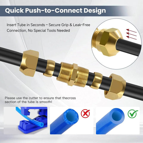 38 Piece DOT Air Brake Fittings Kit Brass Push To Connect And NPT Assortment showing leak-free connection design and tools