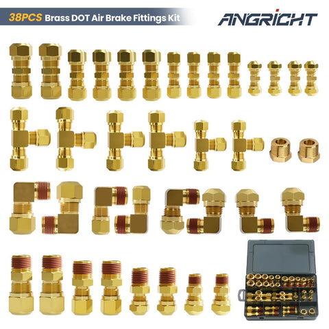 38 Piece DOT Air Brake Fittings Kit Brass Push To Connect And NPT Assortment with various fittings displayed.