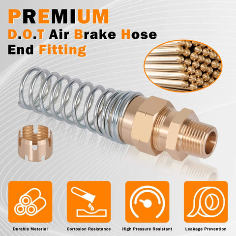 Brass One Half Inch Air Hose Fittings Kit With Spring Guards, DOT Compliant Air Brake End Fittings, Four Pack, Male Connectors
