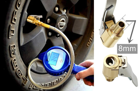 Brass Locking Tire Air Chuck With Clip Adapter No Leakage High Efficiency For Vehicle Inflator shown attached to tire valve.