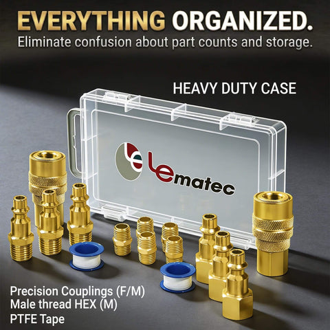15-Piece Air Compressor Fittings Kit With 1/4 NPT Quick Connects, Solid Brass Connectors, Durable Copper Construction in Case