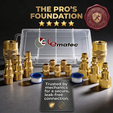 15-Piece Air Compressor Fittings Kit With 1/4 NPT Quick Connects and Solid Brass Connectors displayed with storage case and Teflon tape