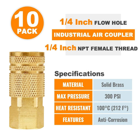 10 Pack 1/4 Inch NPT Female Brass Air Hose Fittings Quick Connect Couplers with specifications and features listed.