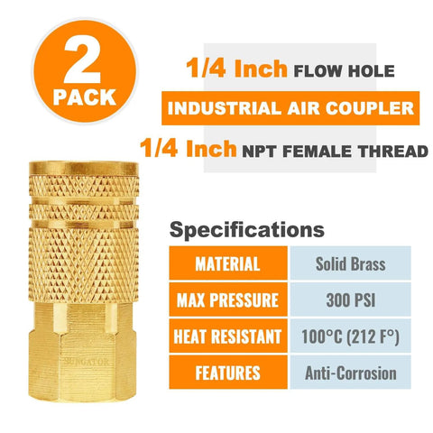 Two Pack One Quarter Inch NPT Female Quick Connect Air Fittings Brass Industrial Couplers With Six Ball Bearings For Secure Hold And Leak Free Connection One Quarter Inch Air Line Compatible With M Style D Type Quick Connects Great For Home Shop displayed with specifications