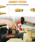 1/4 Inch Brass Female Industrial Air Coupler Quick Connect in use with power tool setup, showing brass fittings and connections.