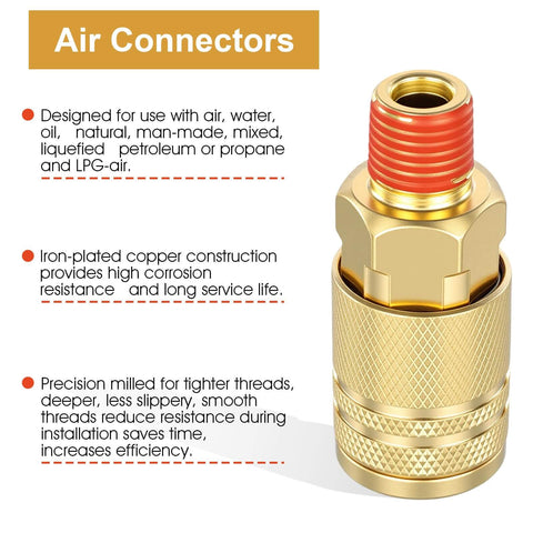 12 Piece 1/4 Inch Brass Male Industrial Coupler Kit For Air Hoses And Compressors showing a close-up of a brass coupler with threaded design.
