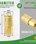 45 Piece One Quarter NPT Quick Connect Air Fittings Kit With Male And Female Couplers Plugs Hex Nipples Teflon Tape For Air Hose And Compressor Accessories Includes All Common Fittings For Quick Connect Systems showing brass coupler dimensions and NPT thread size.