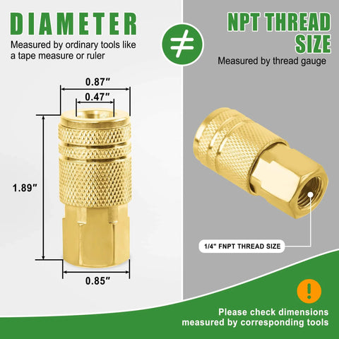 45 Piece One Quarter NPT Quick Connect Air Fittings Kit With Male And Female Couplers Plugs Hex Nipples Teflon Tape For Air Hose And Compressor Accessories Includes All Common Fittings For Quick Connect Systems showing brass coupler dimensions and NPT thread size.