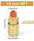 12 Piece 1/4 Inch Brass Male Industrial Coupler Kit For Air Hoses And Compressors, NPT Quick Connect Adapters, dimensions shown
