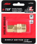 M-Style Quick Connect Air Coupler One Quarter Inch NPT Female Brass, Kwik-Change Interchangeable With Most Brands, MIL-C-4109 Compliant, S-715 Pack Of Ten, Heavy-Duty Pneumatic Coupler For Air Lines in retail packaging.