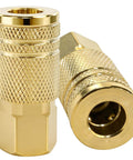 Two brass air couplers showing 1/4 Inch Brass Female Industrial Air Coupler Quick Connect with knurled sleeve for auto shop use.