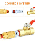 12 Pack One Quarter Inch Brass Male Industrial Quick Connect Air Couplers With NPT Threads Heavy Duty Corrosion Resistant Interchangeable With Most Manufacturers Built To Last For Air Tools with visible red connector.