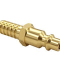 Two Pack Three Eighths Inch Barb To One Quarter Inch Coupling Air Hose Quick Connect Fittings, durable metal plug, side view.