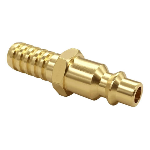 Two Pack Three Eighths Inch Barb To One Quarter Inch Coupling Air Hose Quick Connect Fittings, durable metal plug, side view.
