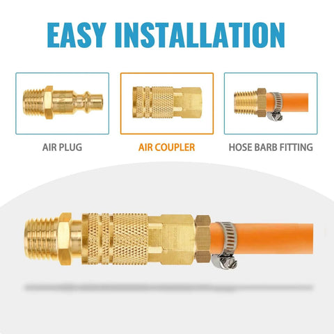 10 Pack 1/4 Inch NPT Female Brass Air Hose Fittings Quick Connect Couplers for Auto Shop DIY Garage Industrial Grade Compressor Hose Repair Kit 1/4 Inch NPT Coupler displayed with air plug, air coupler, and hose barb fitting, illustrating easy installation.