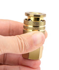 Two Pack One Quarter Inch NPT Female Air Hose Couplers Brass Quick Connect Fittings for Air Compressors, close-up view in hand