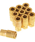 10 Pack 1/4 Inch NPT Female Brass Air Hose Fittings Quick Connect Couplers For Auto Shop DIY Garage Industrial Grade Compressor Hose Repair Kit 1/4 Inch NPT Coupler, brass fittings with knurled sleeve.