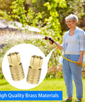 Two Pack One Quarter Inch NPT Female Air Hose Couplers Brass Quick Connect Fittings for Air Compressors, visible in use outdoors