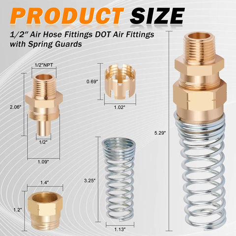 Brass One Half Inch Air Hose Fittings Kit With Spring Guards, DOT Compliant Air Brake End Fittings, Four Pack, Male Connectors Set