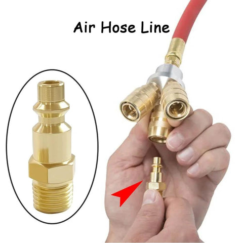 Hands connecting 10 Pack One Quarter Inch NPT Male And Female Industrial Air Hose Quick Connect Plug Brass Finish Heavy Duty Workhorse For Air Compressors