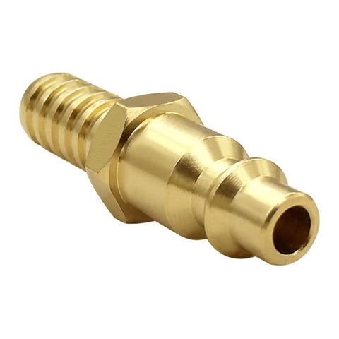 Brass quick connect fitting, three eighths inch barb to one quarter inch coupling, used for air hoses, corrosion resistant up to 300 psi