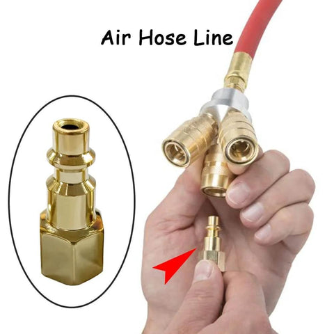 10 Pack One Quarter Inch NPT Male And Female Industrial Air Hose Quick Connect Plug Brass Finish shown in use