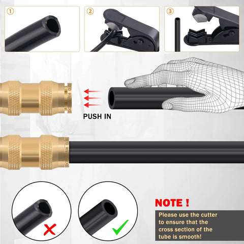 Installation of Brass DOT Air Line Fittings Kit 23 Piece Set For Semi Trucks And Trailers, showing push-to-connect method and tube cutting