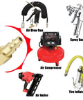 Heavy Duty One Quarter Inch NPT Female Air Plug Quick Connect Fittings, Durable Solid Brass Air Compressor Adapters, 300 PSI, Industrial Type D, Two Piece, Fits Most Couplers with compressor and tools