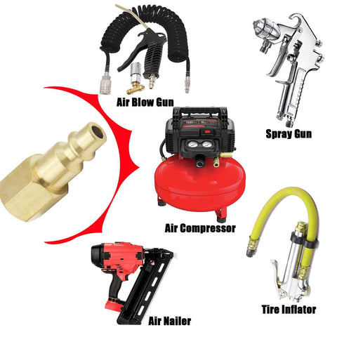 Heavy Duty One Quarter Inch NPT Female Air Plug Quick Connect Fittings, Durable Solid Brass Air Compressor Adapters, 300 PSI, Industrial Type D, Two Piece, Fits Most Couplers with compressor and tools