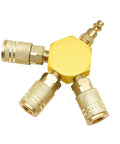 Air Splitter Three Way Manifold With Brass Industrial Couplers And One Quarter Inch Plug For Air Compressor Hose
