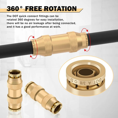 Brass DOT Air Line Fittings Kit 23 Piece Set For Semi Trucks And Trailers, Includes One Quarter, Three Eighths, And One Half Inch Straight Union Quick Connect Fittings, Push To Connect Air Hose Fittings, Plus Tub Cutter showing 360-degree rotation feature
