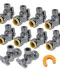 Easy Push Fit Angle Stop Valve Half Inch Inlet To Three Eighth Inch Compression Outlet Quarter Turn Brass Shutoff For Copper PEX CPVC PERT HDPE Pipes LF Certified Safe 10 Pack, showing ten brass valves with yellow seals and a plastic tool