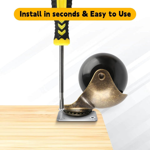 Installation of 2 Inch Ball Caster Wheel Heavy Duty Set of 4 Brass Antique Style Top Plate Casters on wooden surface