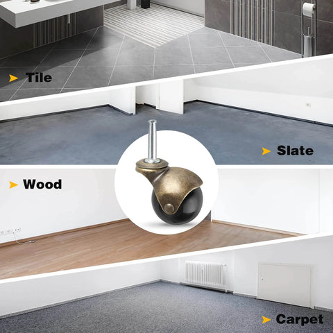 Brass Vintage Antique 2 Inch Ball Caster Wheels Set of 4 Heavy Duty with 5/16 x 1 1/2 Inch Wheels Sleeve Mount for various floor types