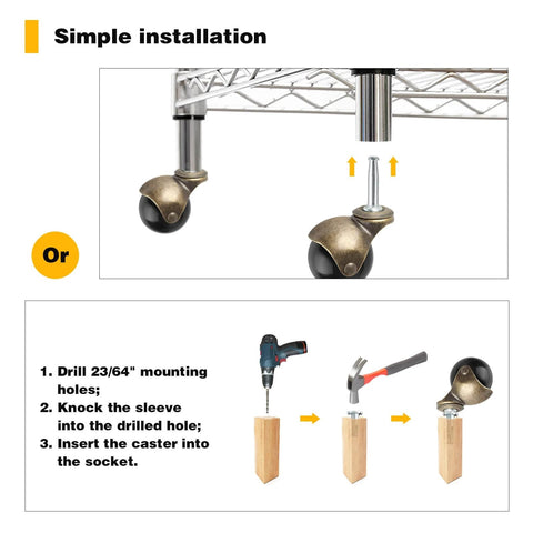 Installation guide for Brass Vintage Antique 2 Inch Ball Caster Wheels Set of 4 with sleeve mount for furniture.
