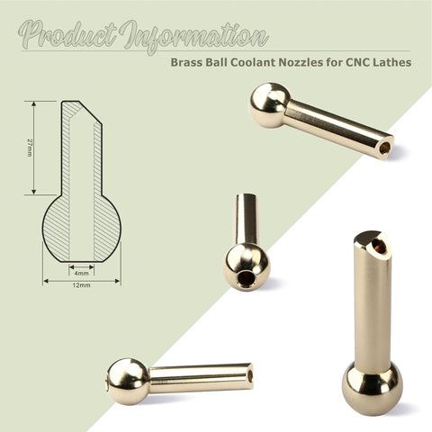 Brass Ball CNC Nozzle 12mm Diameter, 27mm Length with Slanted 4mm Hole for High Pressure Cooling in CNC Lathes