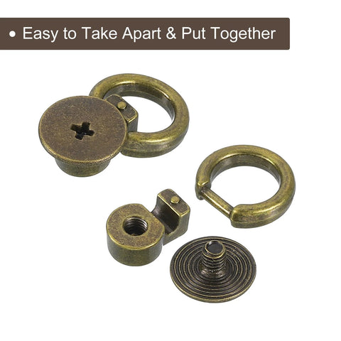 Ball Stud Rivet Set For Purses And Leather Crafting, Four Pieces With D Ring Connector, easy assembly and brass finish, zinc alloy