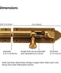 Solid Cast Brass Barrel Bolt For Doors And Gates, Antique Brass Sliding Latch Lock with measurements and dimensions displayed.