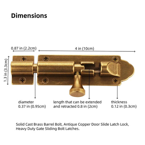 Solid Cast Brass Barrel Bolt For Doors And Gates, Antique Brass Sliding Latch Lock with measurements and dimensions displayed.