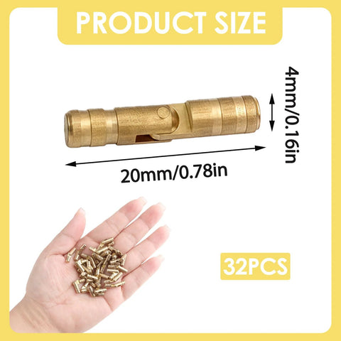 Product size for 20mm concealed brass barrel hinges, 4mm bore, shown in hand, pack of 32. Hidden Concealed Brass Barrel Hinges For Wooden Jewelry Boxes And Keepsake Cases With Invisible Cylinders For Small Cabinet Doors 20mm 32 Pack DIY Friendly Built From Solid Brass For Long Life Corrosion And Tarnish Resistance By Nextpal.