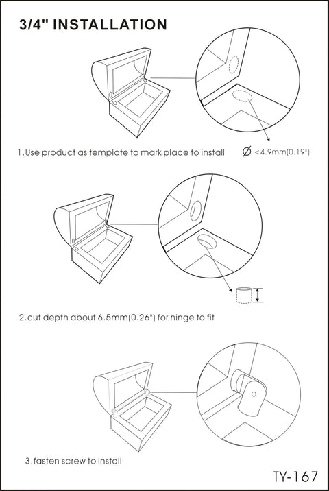 Installation guide for Solid Brass Invisible Barrel Hinge For Jewelry Box And Pencil Box 18mm By 5mm Black Finish with steps and diagrams.