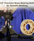 Close-up of brass bearing ball in vice, emphasizing 1/2 inch diameter with polished surface, ideal for precision use.