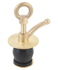 Front view of brass boat deck drain plug with rubber seal and locking ring handle; threaded stem and deck plate.